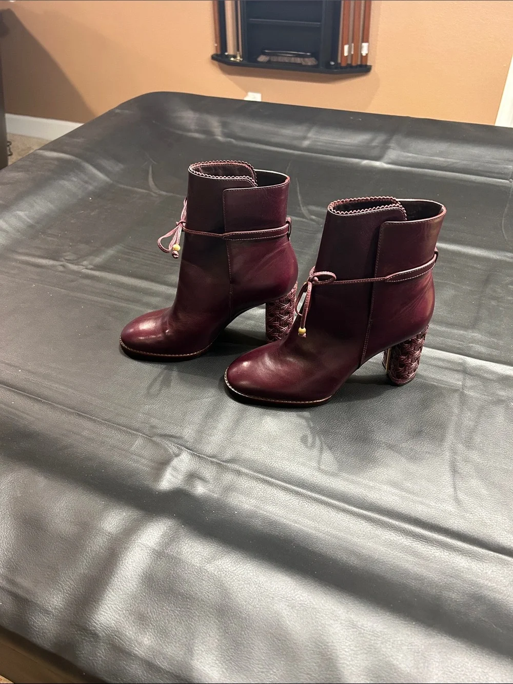 Tory Burch Burgundy Leather Lace-Tie Ankle Boots